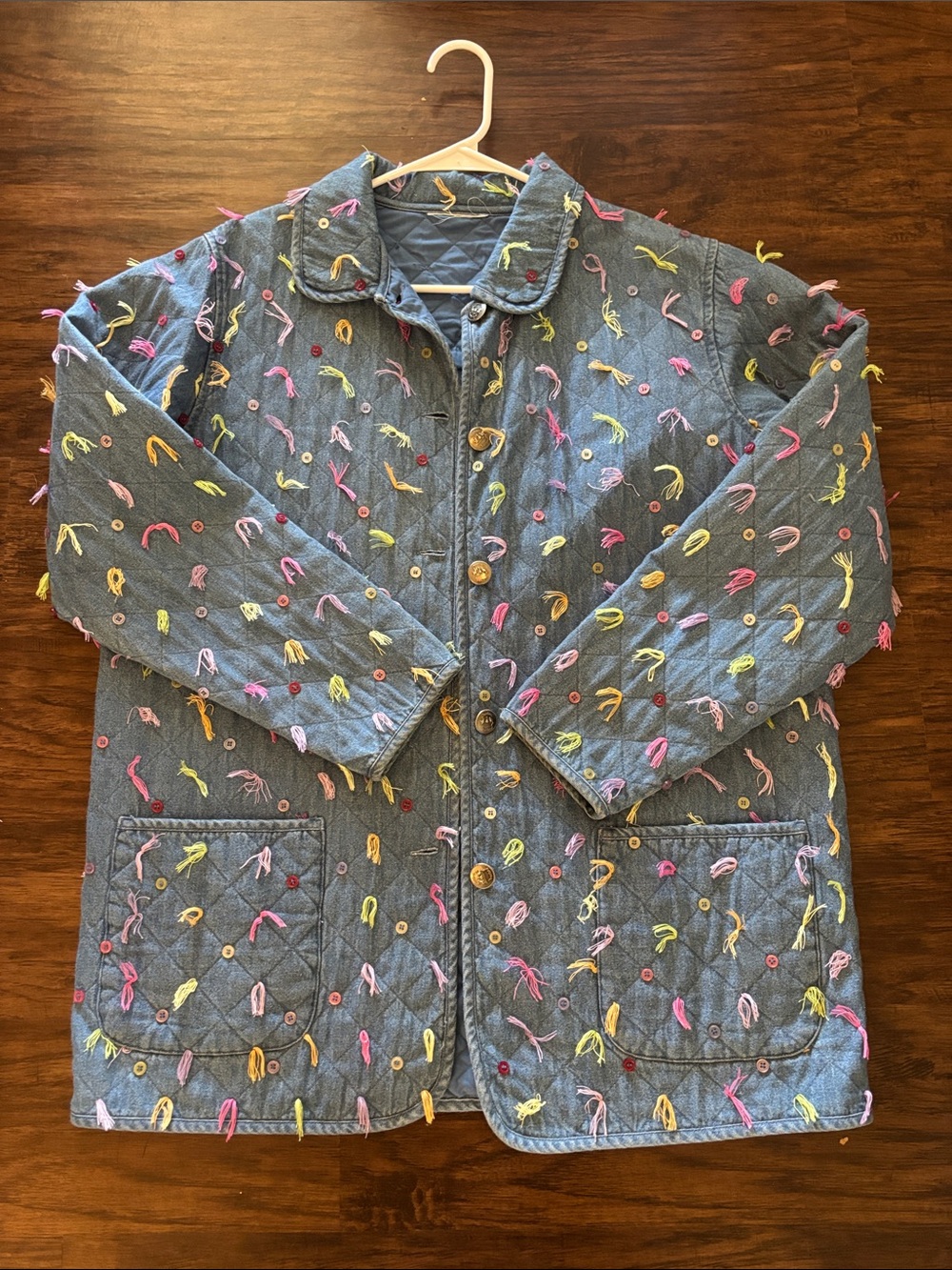 Quirky Blue Quilted Jacket with Multicolor Tassel Details